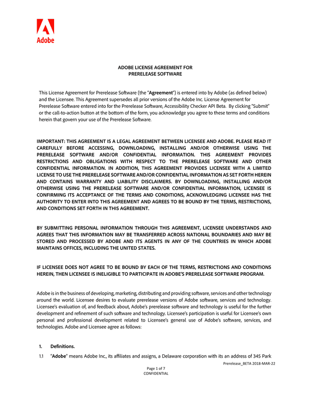 ADOBE LICENSE AGREEMENT FOR PRERELEASE SOFTWARE screenshot