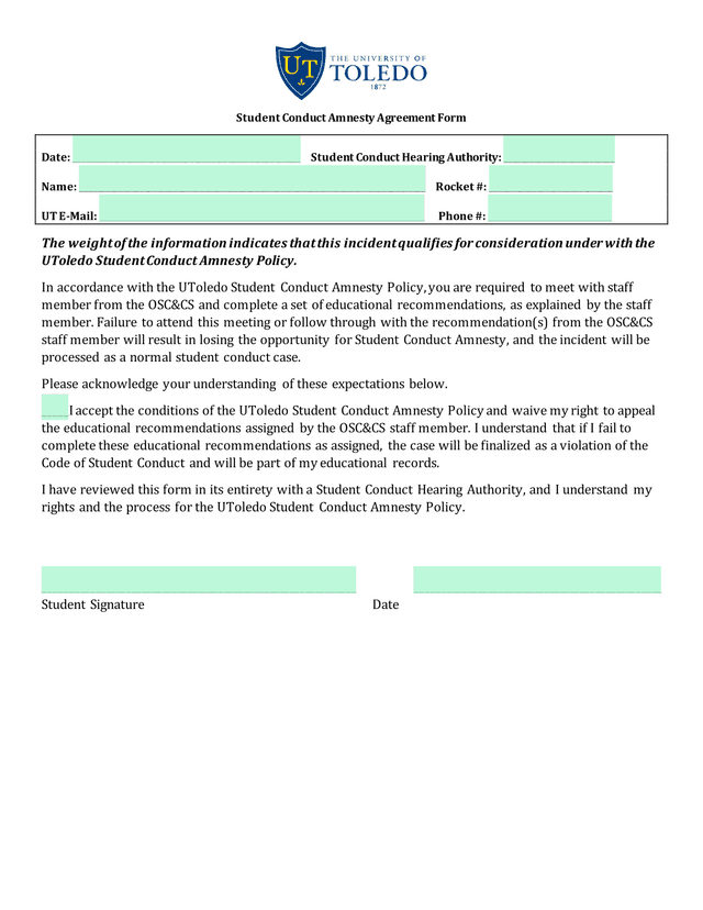 Student Conduct Amnesty Agreement Form screenshot