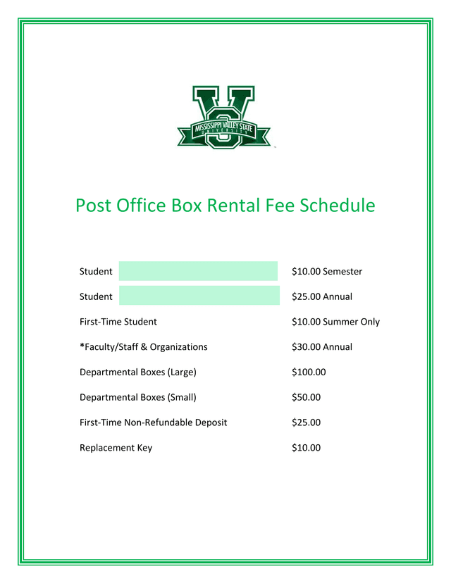 Post Office Box Rental Fee Schedule screenshot