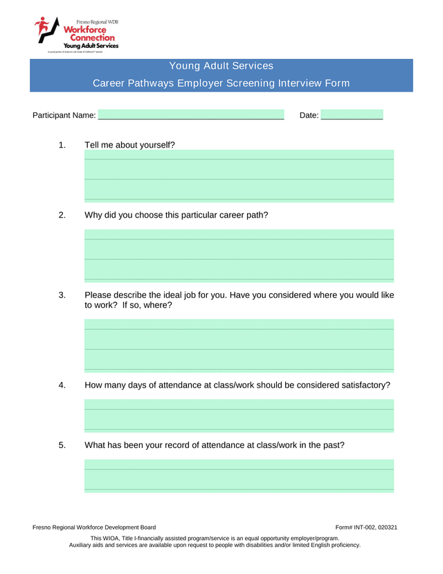 Career Pathways Employer Screening Interview Form screenshot