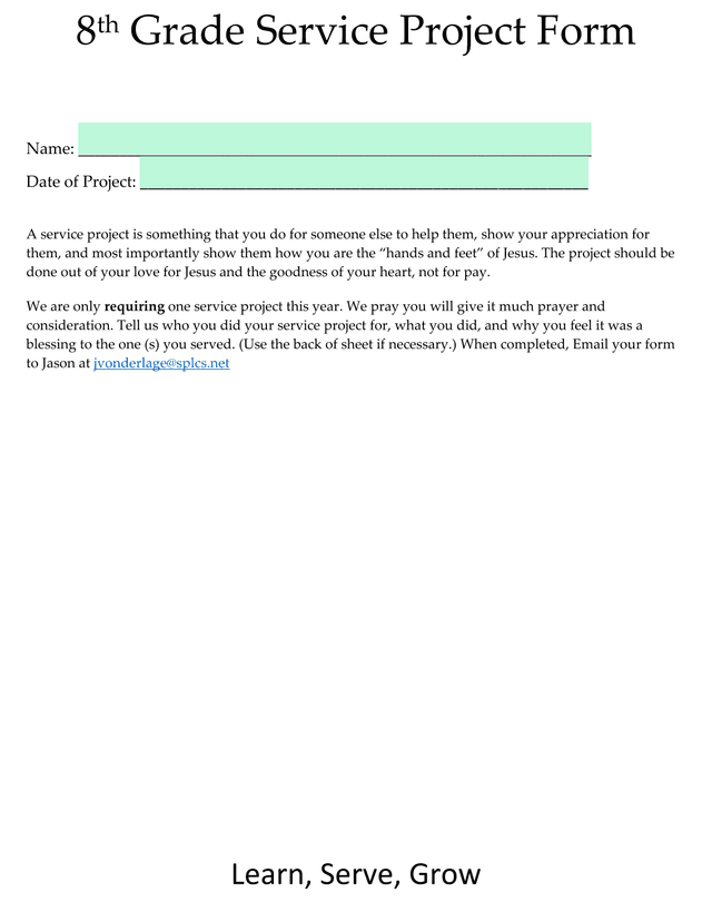 8th Grade Service Project Form screenshot
