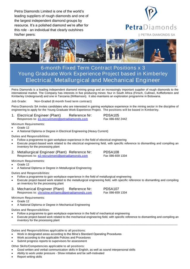 Petra Diamonds Young Graduate Work Experience Project Job Advertisement screenshot
