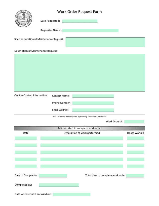 Work Order Request Form screenshot