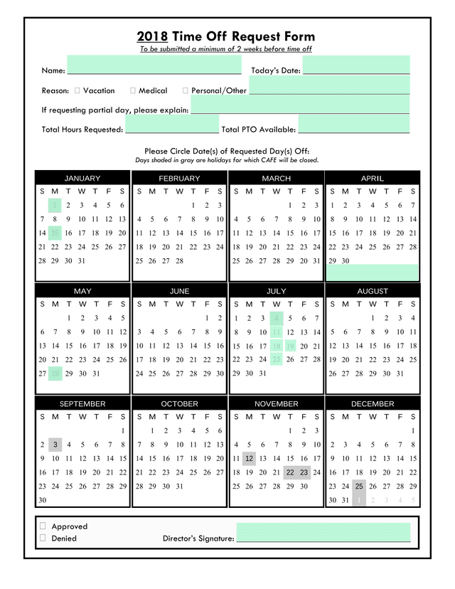 2018 Time Off Request Form screenshot