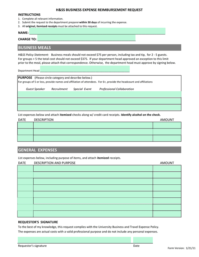 HSS Business Expense Reimbursement Request screenshot