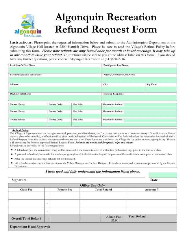 Algonquin Recreation Refund Request Form screenshot