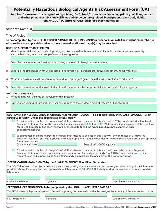 Potentially Hazardous Biological Agents Risk Assessment Form (6A) screenshot