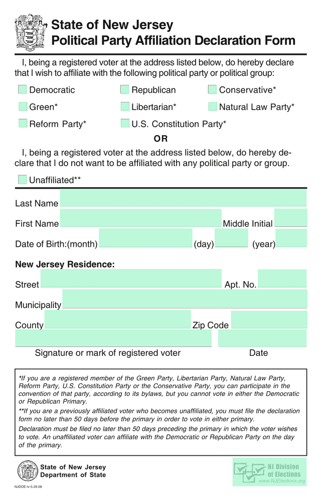 Political Party Affiliation Declaration Form screenshot