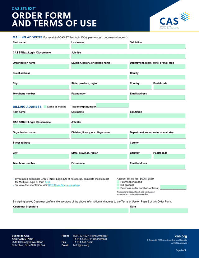CAS STNEXT ORDER FORM AND TERMS OF USE screenshot