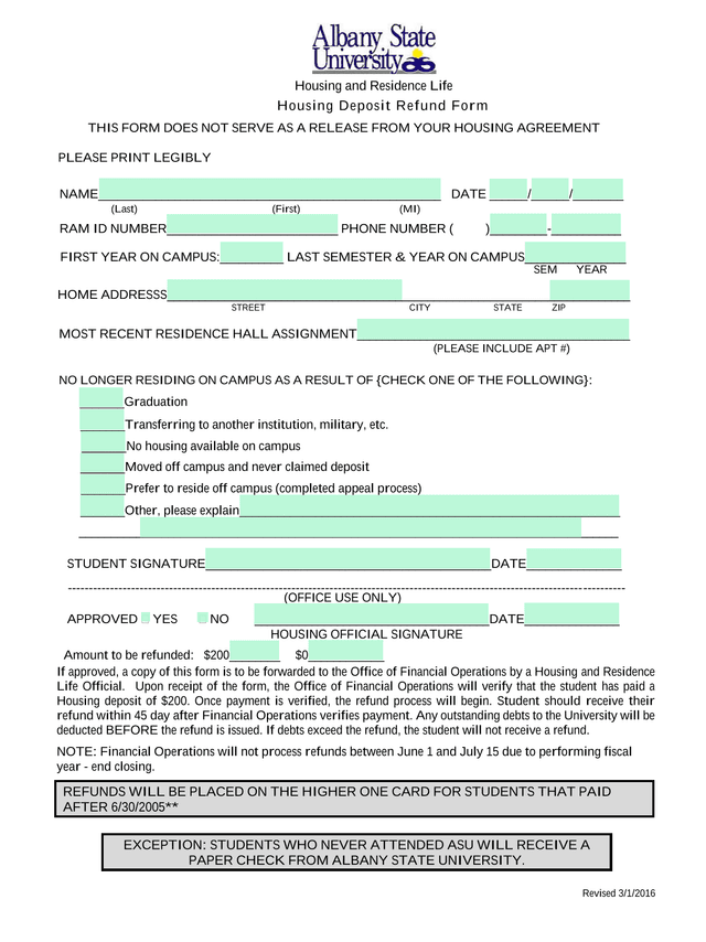 Housing Deposit Refund Form screenshot