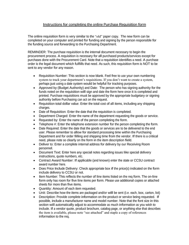 Online Purchase Requisition Form Instructions screenshot