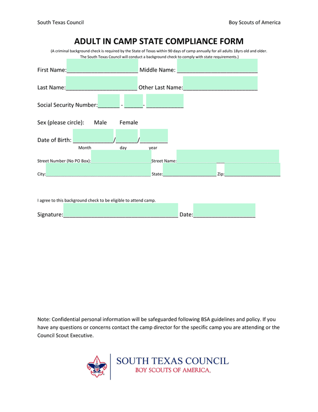 Adult In Camp State Compliance Form screenshot