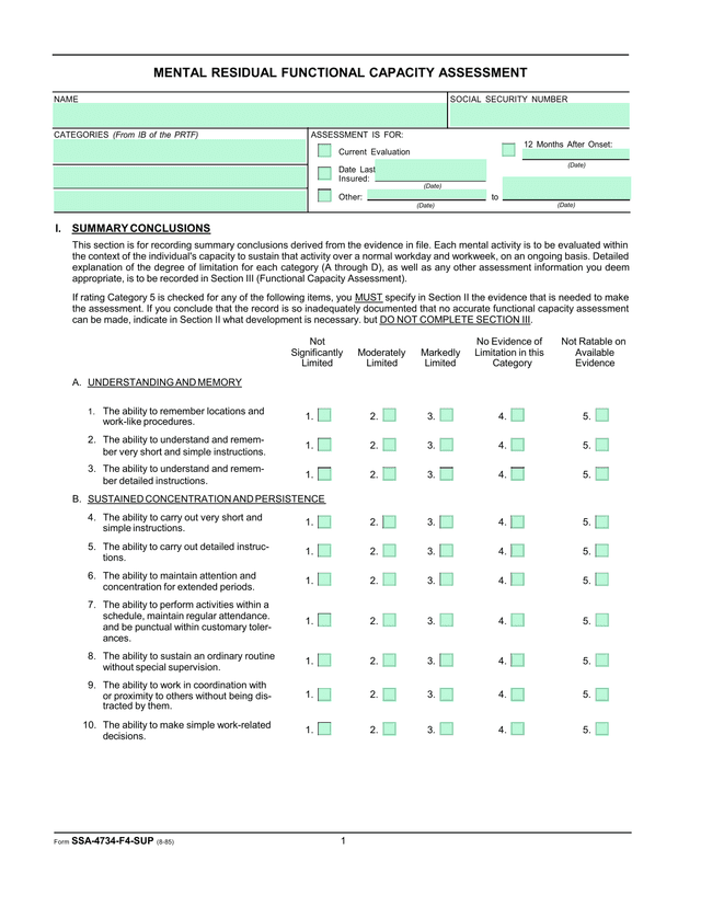 Mental Residual Functional Capacity Assessment screenshot