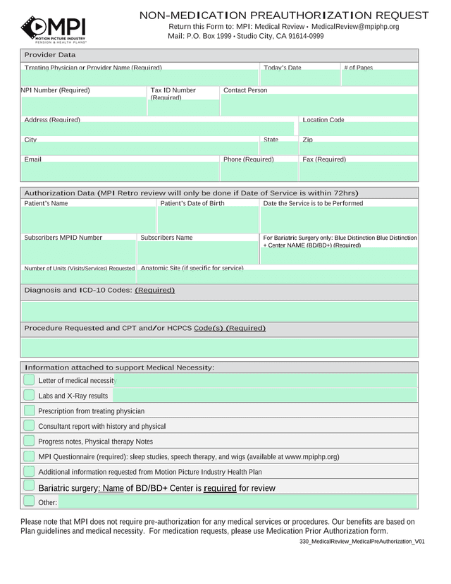Non Medication Preauthorization Request screenshot