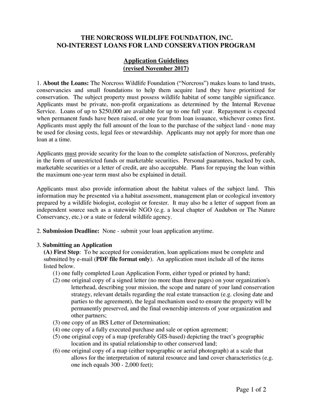 Norcross Wildlife Foundation No Interest Loans For Land Conservation Program Application Guidelines screenshot
