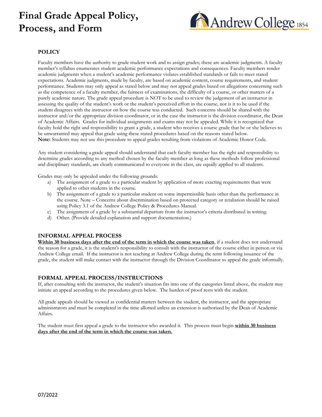 Final Grade Appeal Policy, Process, And Form screenshot