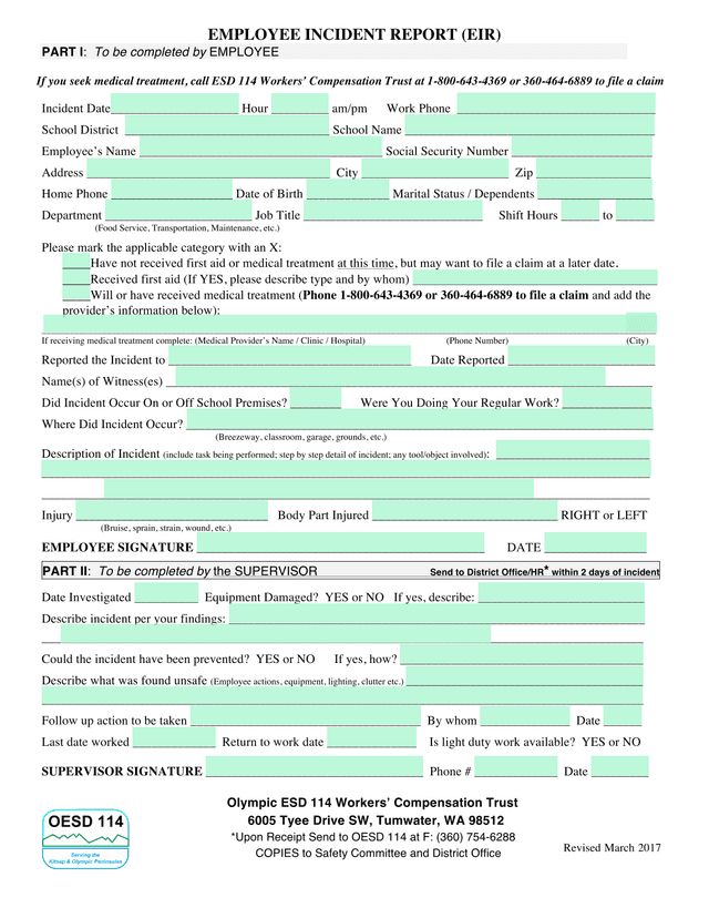 Employee Incident Report (EIR) screenshot