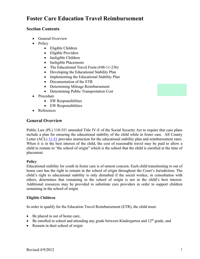 Foster Care Education Travel Reimbursement screenshot