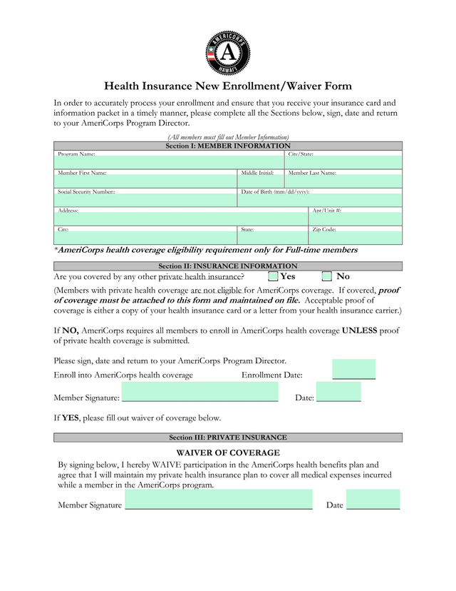 Health Insurance New EnrollmentWaiver Form screenshot