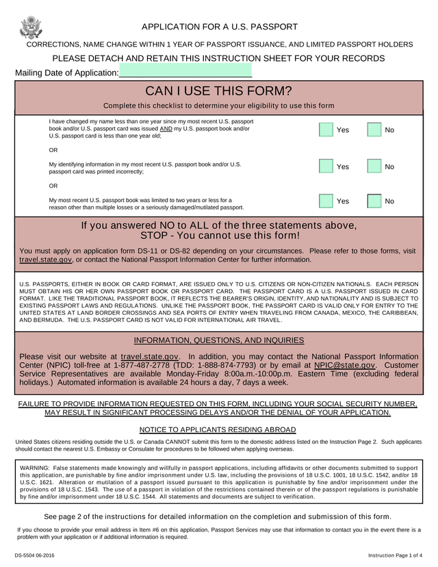 APPLICATION FOR A U.S. PASSPORT CORRECTIONS, NAME CHANGE WITHIN 1 YEAR OF PASSPORT ISSUANCE, AND LIM screenshot