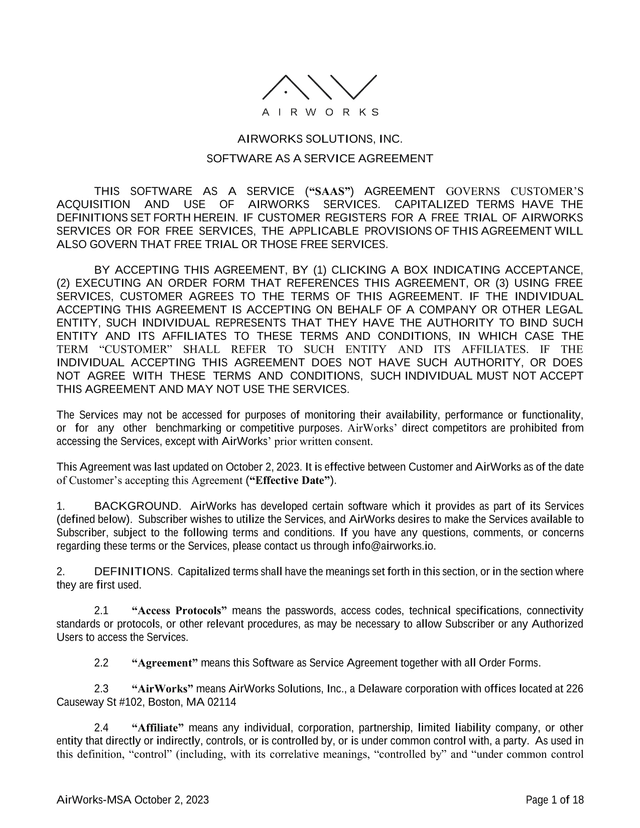 AIRWORKS SOLUTIONS, INC. SOFTWARE AS A SERVICE AGREEMENT screenshot
