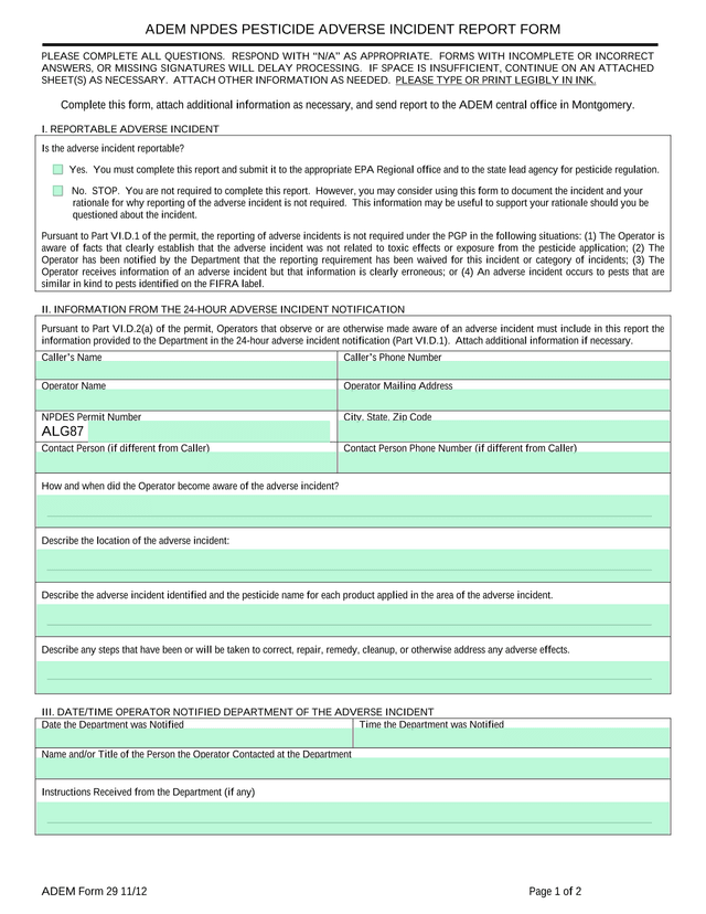 ADEM NPDES Pesticide Adverse Incident Report Form screenshot