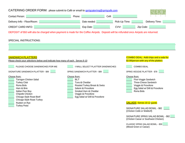 CATERING ORDER FORM screenshot