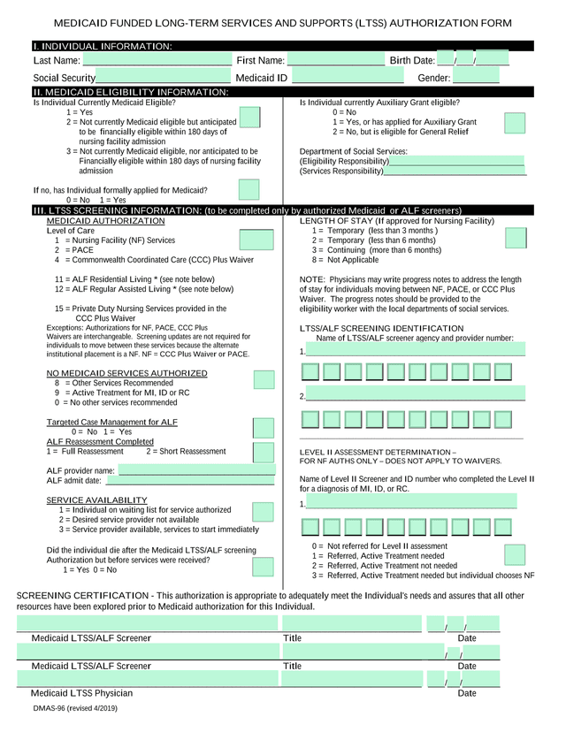 DMAS 96 Medicaid Funded Long Term Services And Supports (LTSS) Authorization Form screenshot