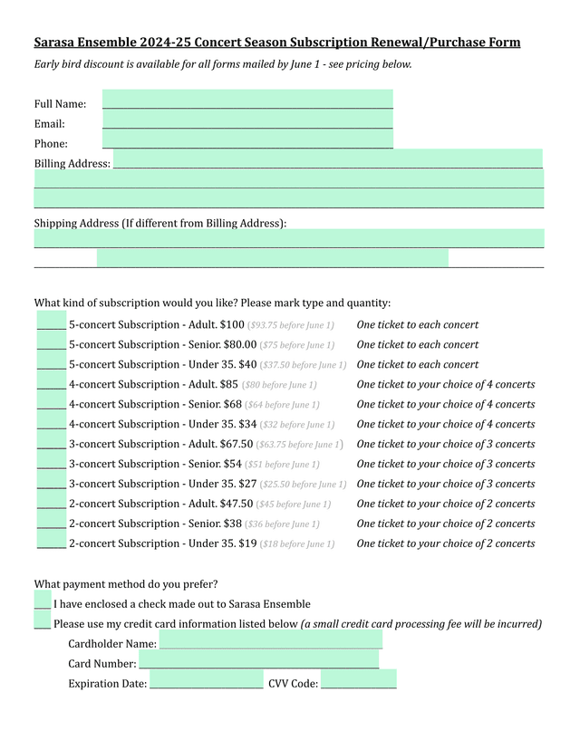 Sarasa Ensemble 24 25 Concert Season Subscription RenewalPurchase Form screenshot