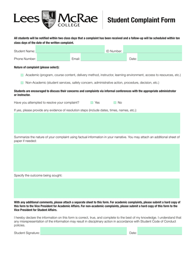 Student Complaint Form screenshot