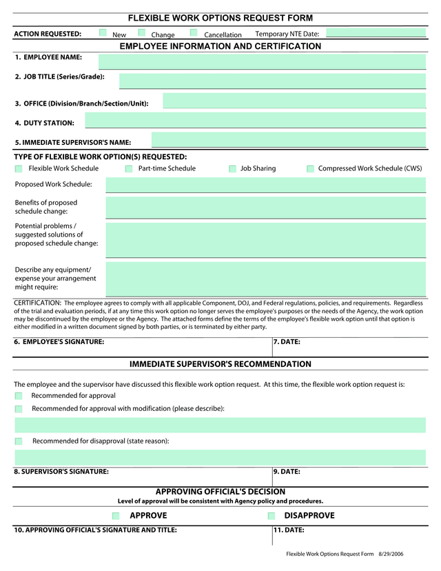 Flexible Work Options Request Form screenshot