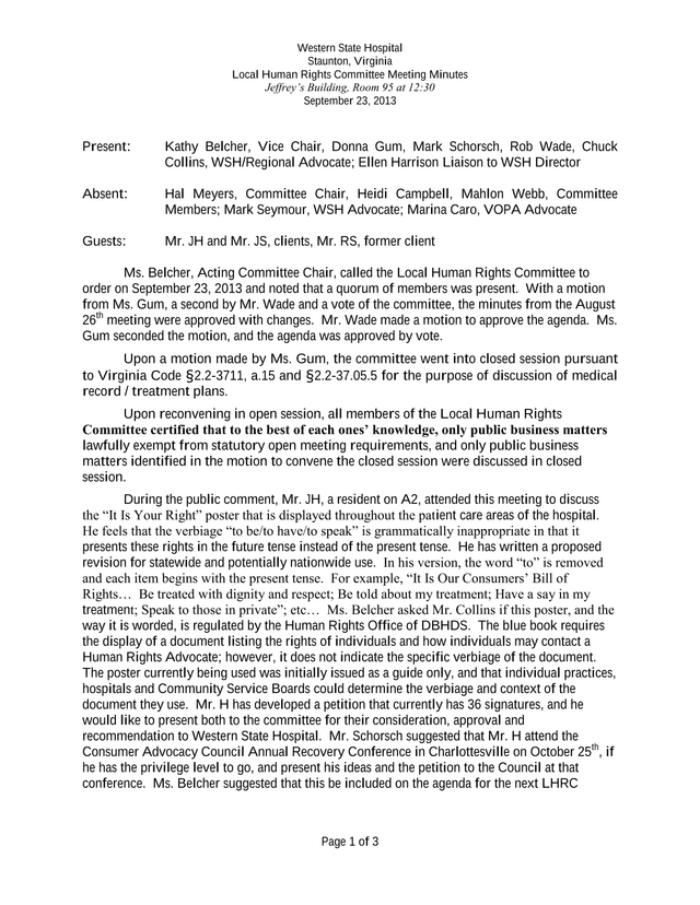 Western State Hospital Local Human Rights Committee Meeting Minutes screenshot