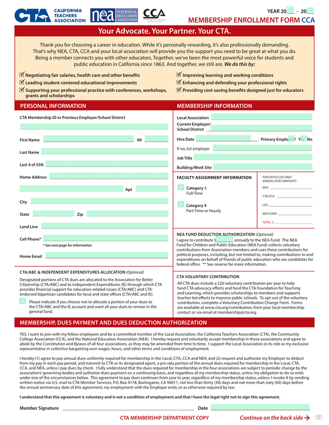 NEA Membership Enrollment Form CCA screenshot