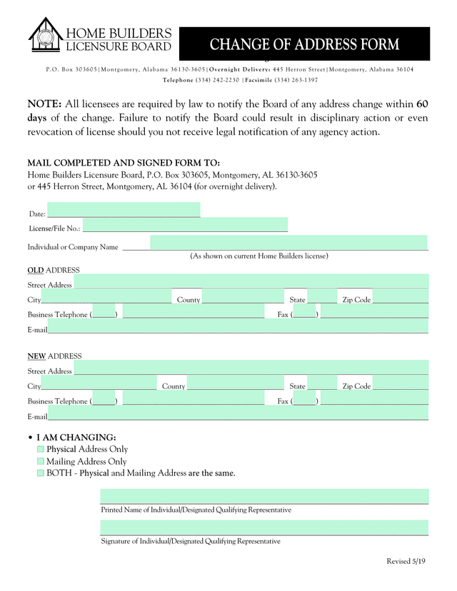 Change Of Address Form screenshot