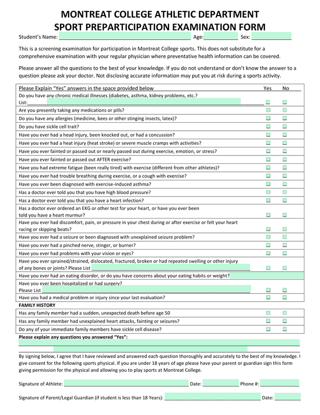MONTREAT COLLEGE ATHLETIC DEPARTMENT SPORT PREPARTICIPATION EXAMINATION FORM screenshot