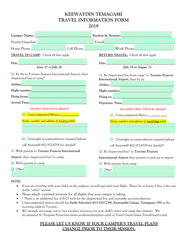 Keewaydin Temagami Travel Information Form screenshot