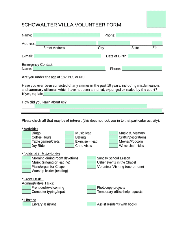 SCHOWALTER VILLA VOLUNTEER FORM screenshot
