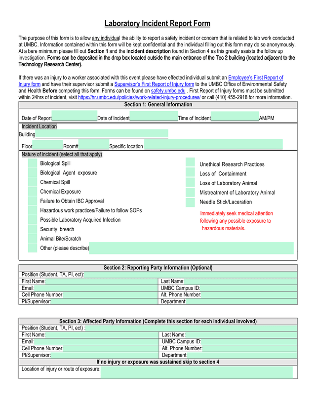 Laboratory Incident Report Form screenshot