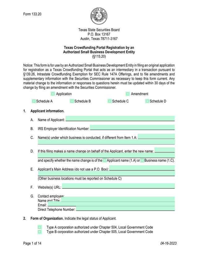 Form 133.20 Texas Crowdfunding Portal Registration screenshot