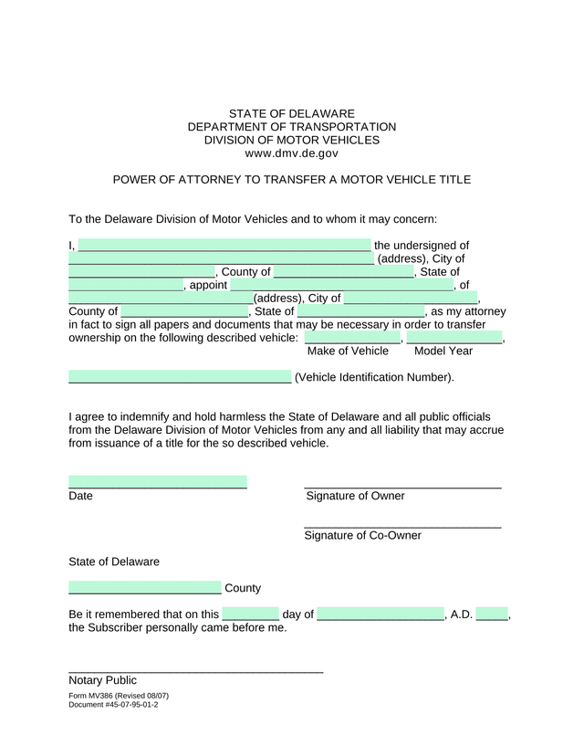 POWER OF ATTORNEY TO TRANSFER A MOTOR VEHICLE TITLE screenshot