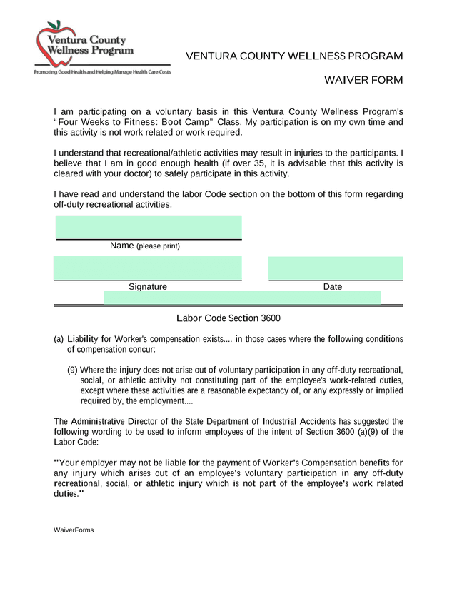 Ventura County Wellness Program Waiver Form screenshot