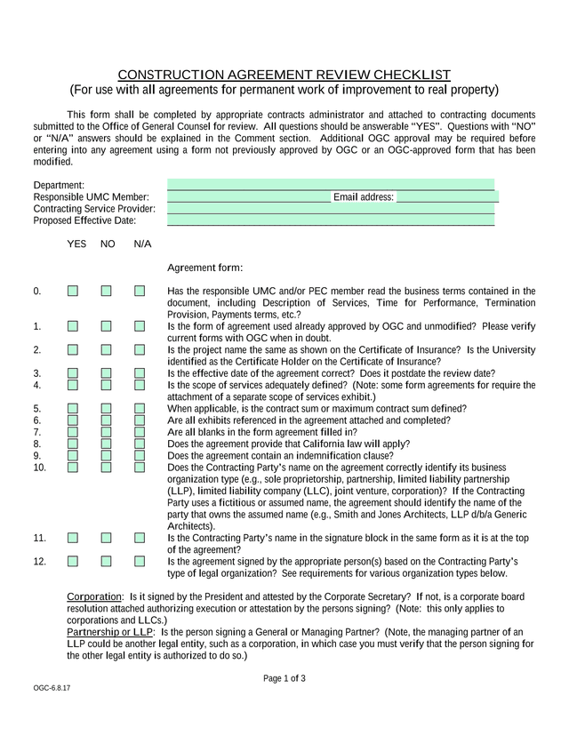 Construction Agreement Review Checklist screenshot
