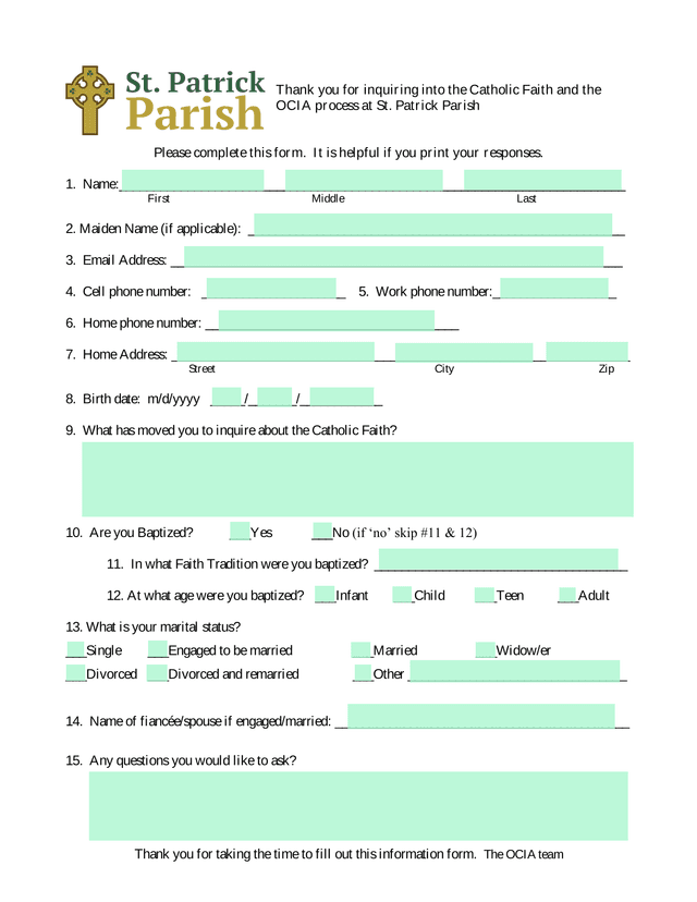 OCIA Information Form screenshot