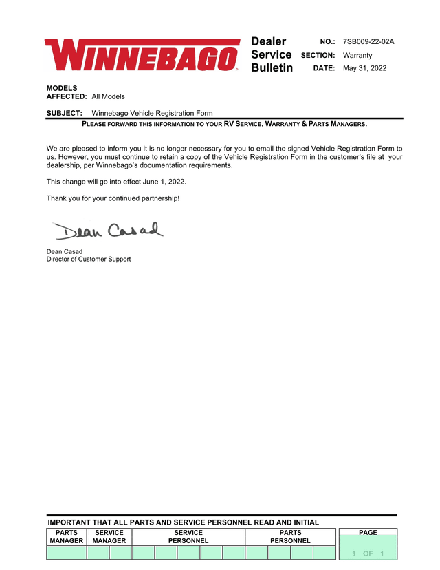Dealer Service Bulletin 7SB009 22 02A screenshot