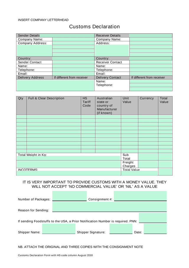 Customs Declaration Form With HS Code Column screenshot