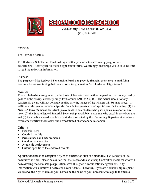 Redwood Scholarship Fund Application screenshot