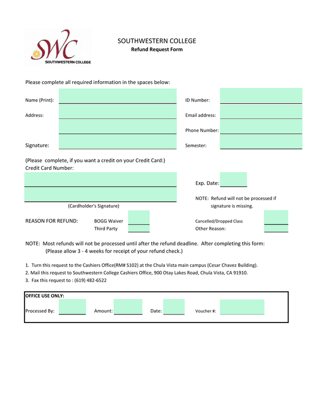 Southwestern College Refund Request Form screenshot
