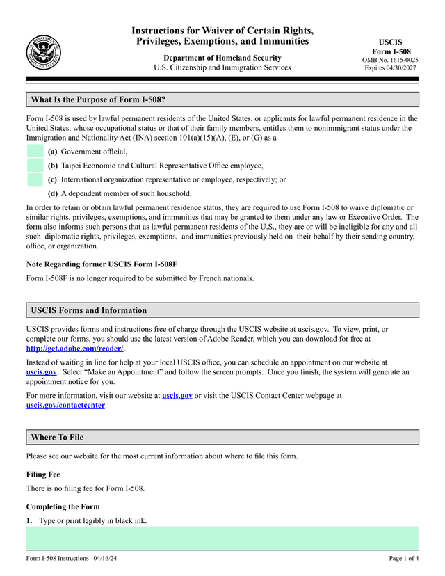 Form I 508 Instructions For Waiver Of Certain Rights, Privileges, Exemptions, And Immunities screenshot
