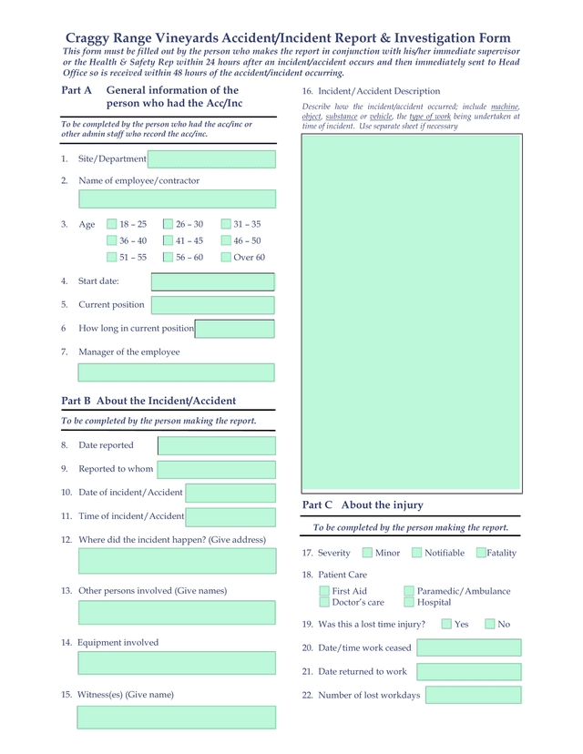 Craggy Range Vineyards AccidentIncident Report  Investigation Form screenshot