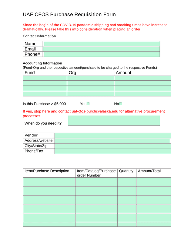 UAF CFOS Purchase Requisition Form screenshot